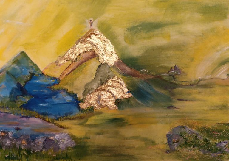 Acrylgemälde von Enthousio-Art. Kathi Hildebrandt. Berg mit goldenem Blattmetall. Dieses Gemälde ist bereits vergeben.