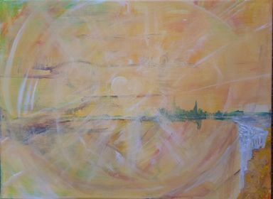 Ein Beispiel für ein Kunstwerk von Kathi Hildebrandt. Seelenmalerei mit viel Licht und Herz in Gelbtönen.