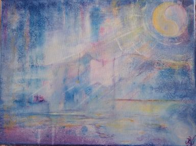 Beispiel für ein Seelenbild| Blaues Gemälde, abstrakte Landschaft, viel Licht. Yin und Yang als Mond. Enthousio-Art